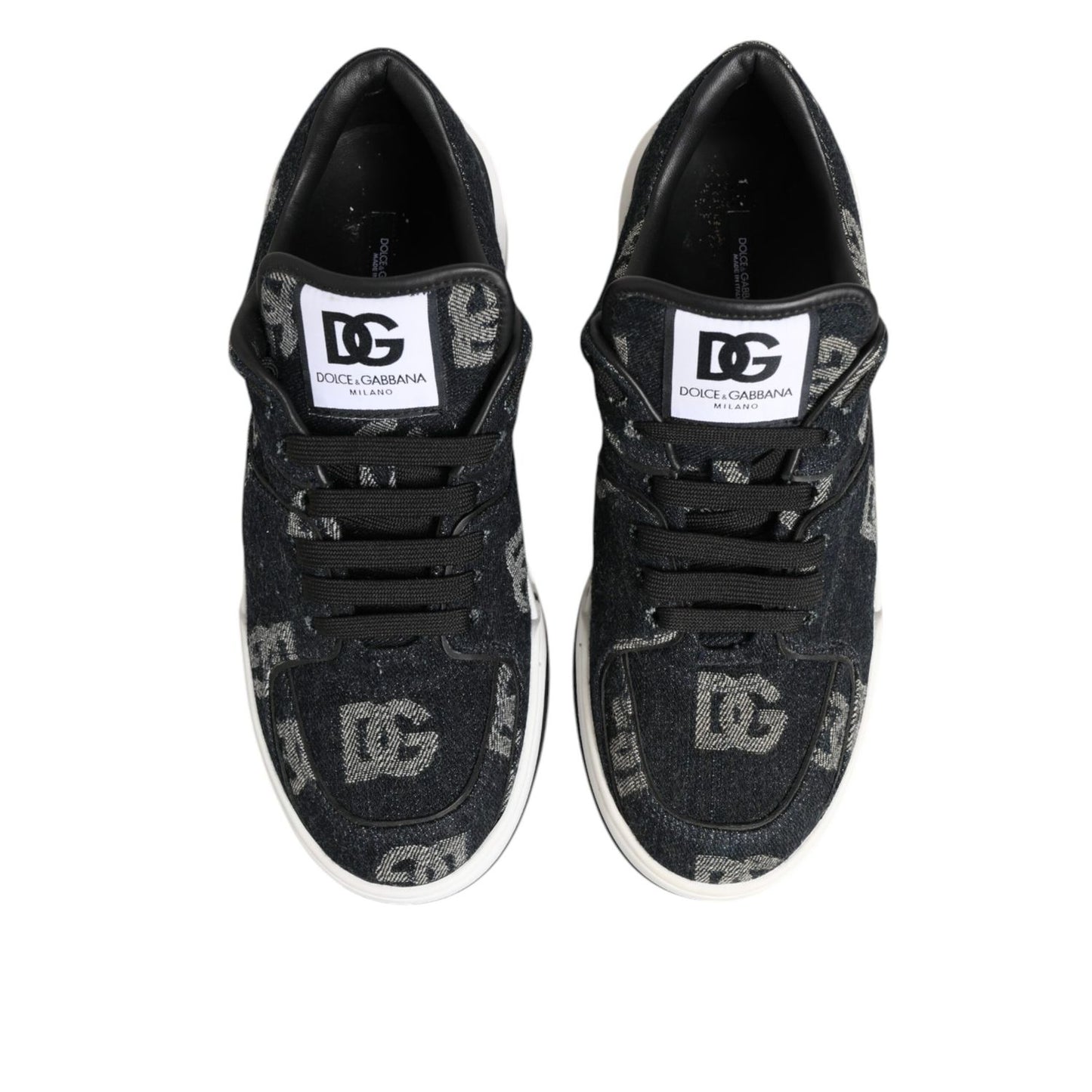 Dolce & Gabbana Blue Cotton Denim Logo Low Top Sneakers Shoes with lace-up closure and rubber sole, top view.