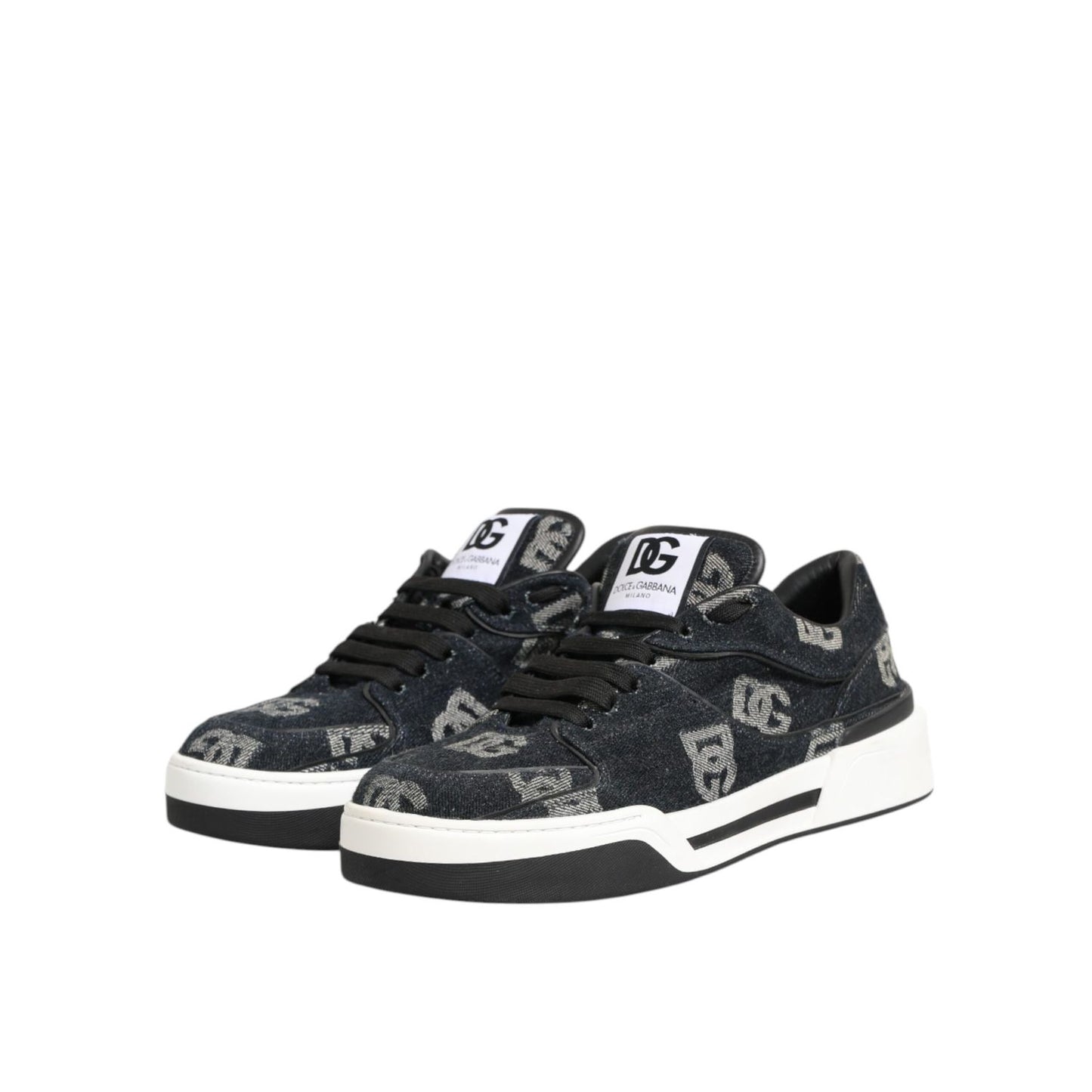 Dolce & Gabbana Blue Cotton Denim Logo Low Top Sneakers Shoes with lace-up closure and rubber sole.