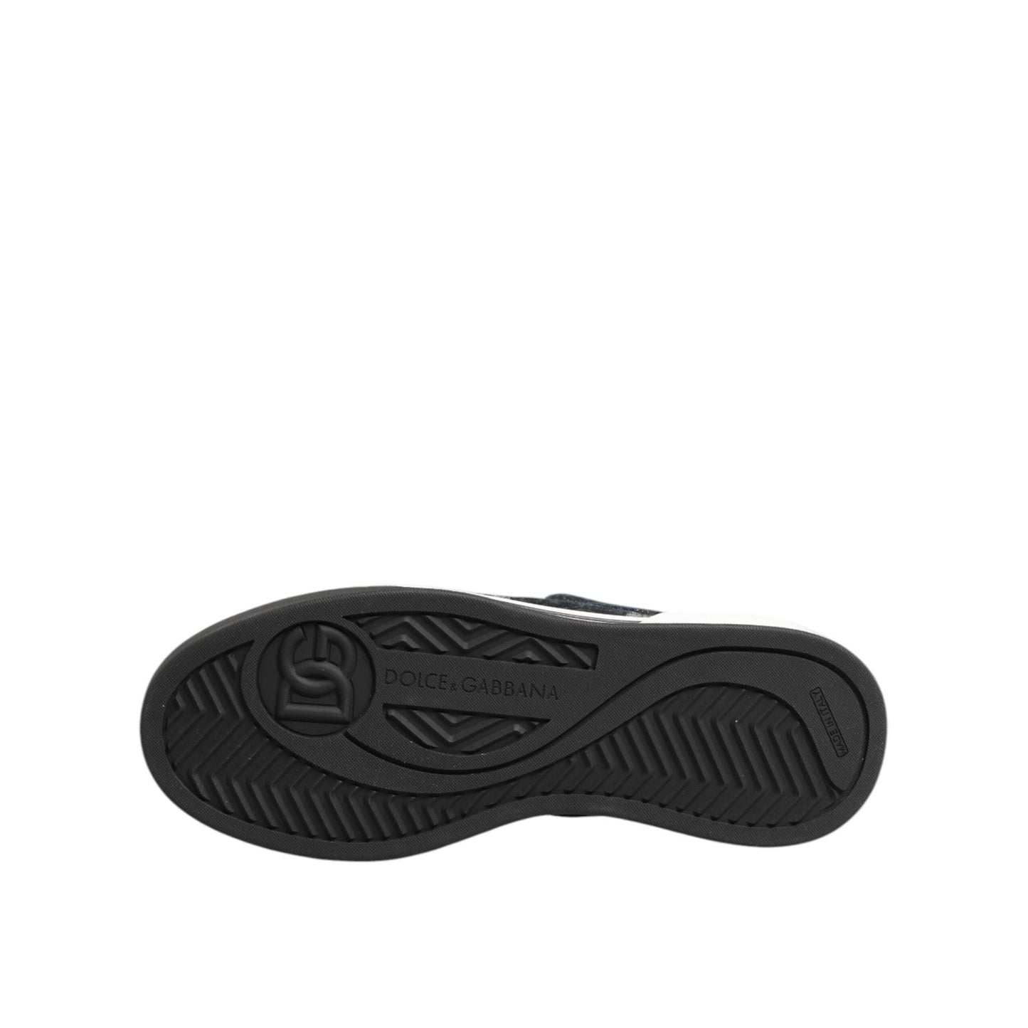 Sole view of Dolce & Gabbana Blue Cotton Denim Logo Low Top Sneakers Shoes with signature logo and textured rubber design.