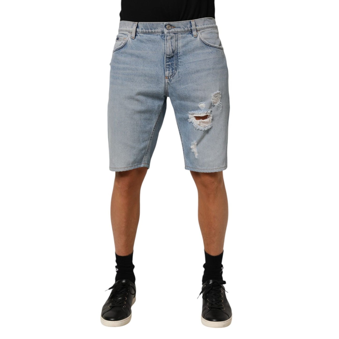 Dolce & Gabbana Blue Cotton Distressed Denim Bermuda Shorts with five-pocket styling and casual design
