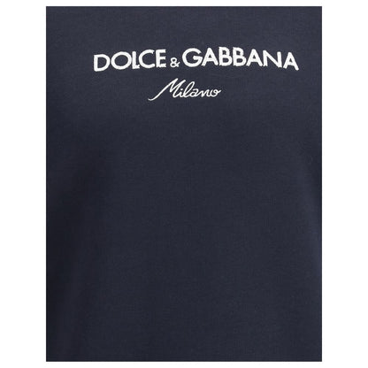 Dolce & Gabbana Blue Cotton Sweatshirt with logo, ribbed crew neck, hem and cuffs, 100% cotton, regular fit, perfect for casual iconic style.
