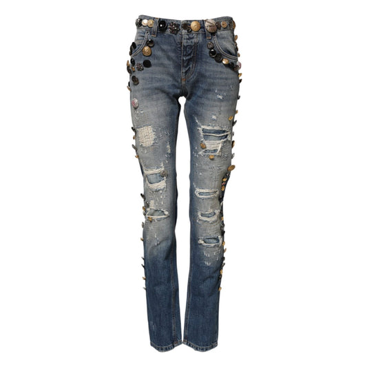 Dolce & Gabbana Blue Embellished Tattered SkinnyDenim Jeans
