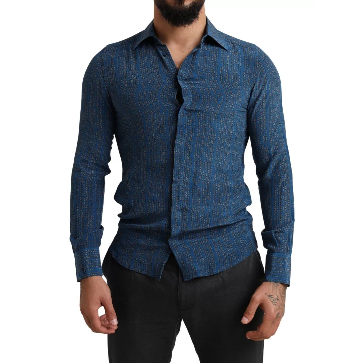 Dolce & Gabbana Blue MARTINI Silk Slim Fit Long Sleeves Shirt
