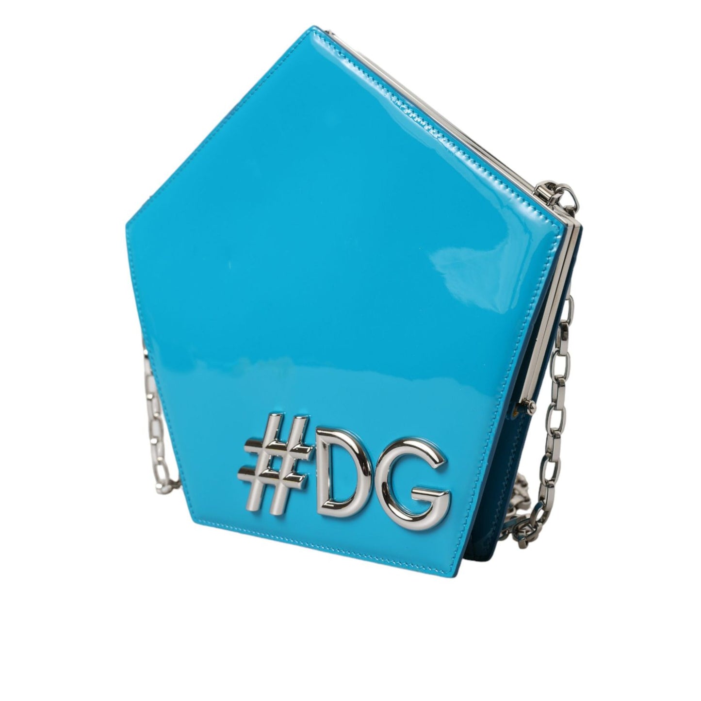 Dolce & Gabbana Blue Patent Leather Hashtag DG Shoulder Chain Flap Bag with silver-tone logo and chain strap