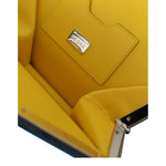 Interior view of Dolce & Gabbana Blue Patent Leather Hashtag DG Shoulder Chain Flap Bag with yellow leather lining and pocket.