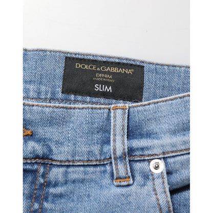 Dolce & Gabbana Blue Tattered Slim Fit Cotton Denim Jeans