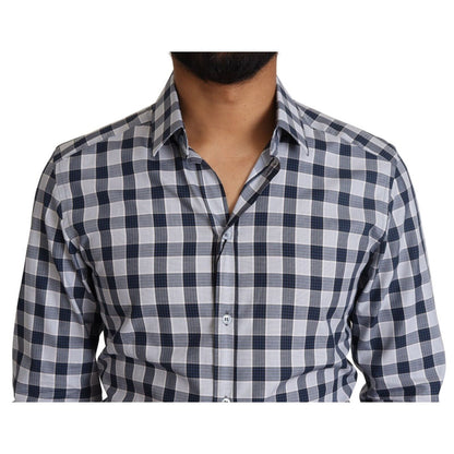 Dolce & Gabbana Blue White Check Cotton Slim Fit GOLD Shirt