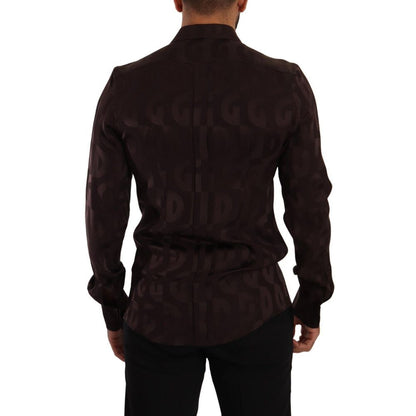 Dolce & Gabbana Bordeaux Silk Dress Shirt, back view, 100% authentic gold silk with classic neck and long sleeves, logo print visible.