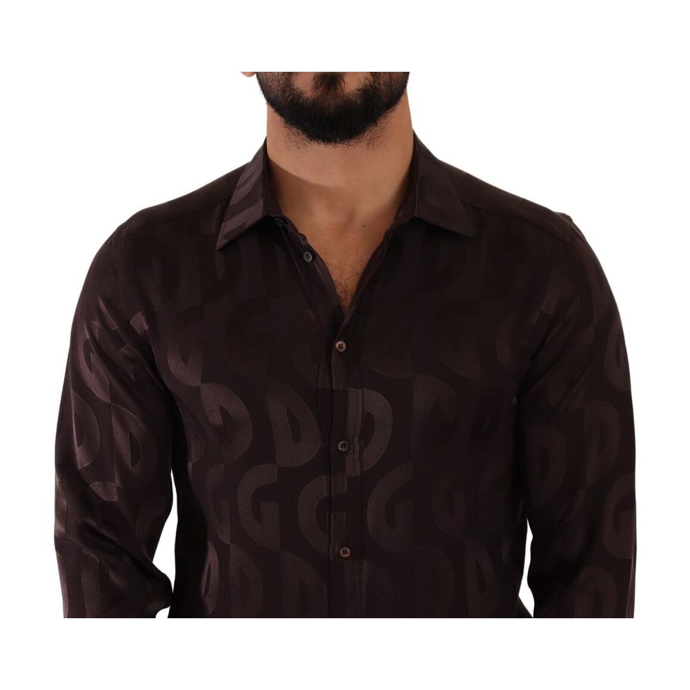Dolce & Gabbana Bordeaux Silk Dress Shirt with logo print, classic neck, long sleeves, button closure, 100% silk, made in Italy.