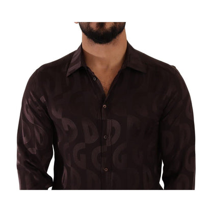 Dolce & Gabbana Bordeaux Silk Dress Shirt with logo print, classic neck, long sleeves, button closure, 100% silk, made in Italy.