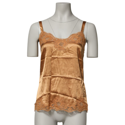 Dolce & Gabbana Brown Floral Lace Silk Satin Tank Lingerie Underwear displayed on a mannequin.