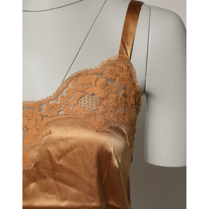 Dolce & Gabbana Brown Floral Lace Silk Satin Tank Lingerie Underwear on mannequin, featuring heart-shaped neckline and delicate trim.