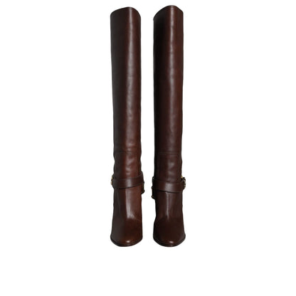 Dolce & Gabbana Brown Leather Gold Tone Logo High Boots Shoes