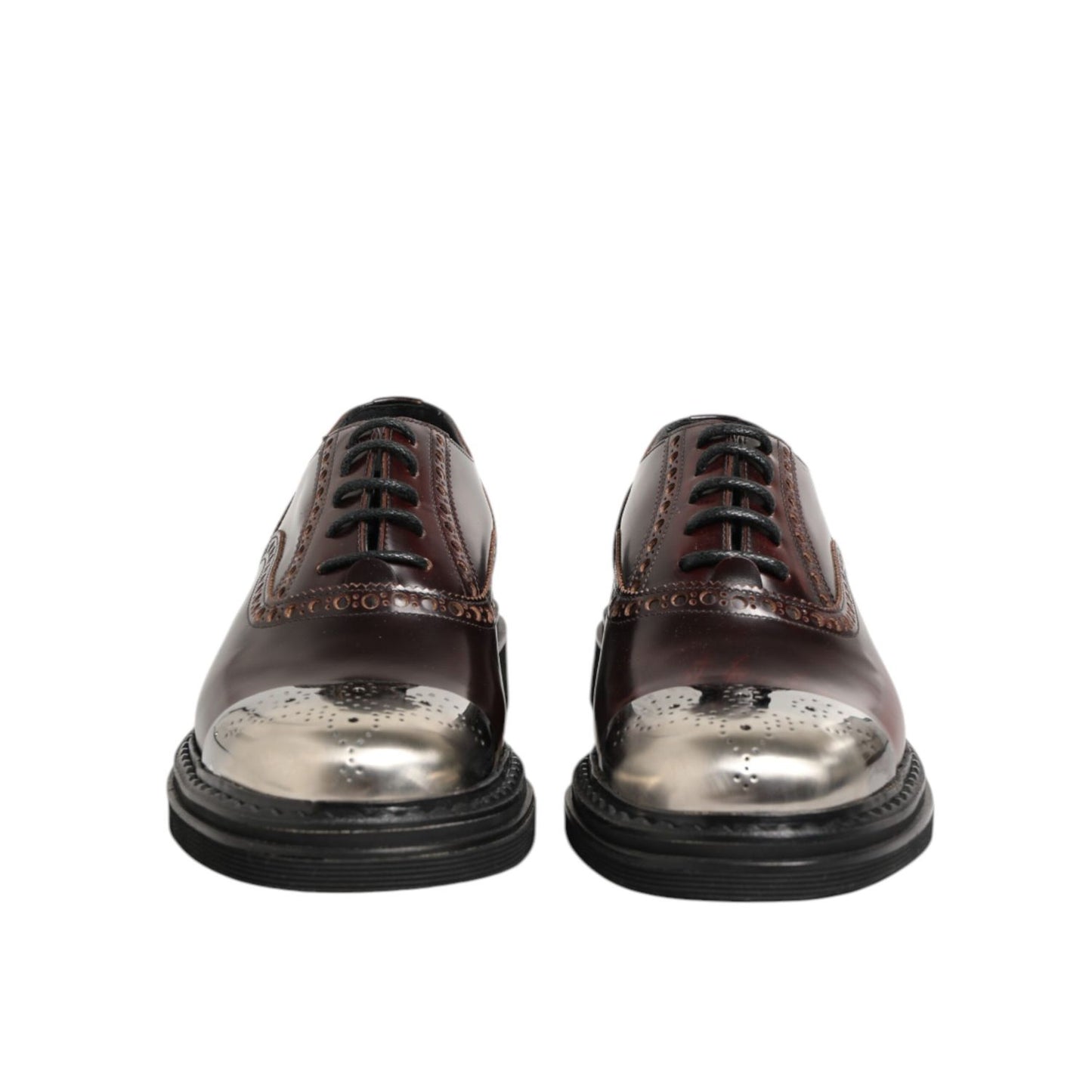 Dolce & Gabbana Brown Leather Lace Up Dress Men Oxford Shoes with metallic toe caps, front view showcasing elegant design.