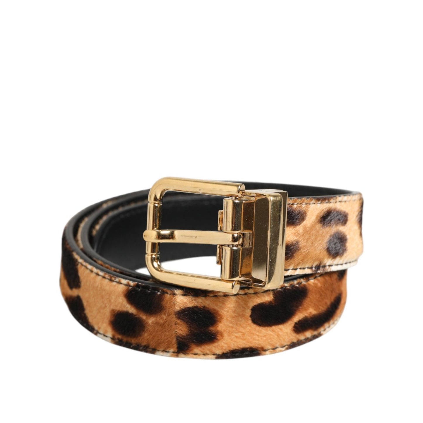 Dolce & Gabbana Brown Leather Leopard Print Metal Buckle Belt with bold leopard pattern and bronze-tone buckle.
