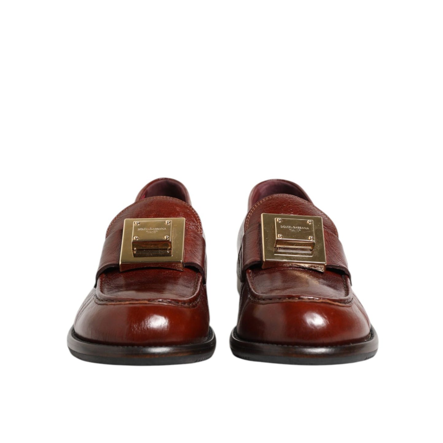 Dolce & Gabbana Brown Leather Logo Slip On Men Dress Shoes front view showcasing sleek design and signature logo detail.