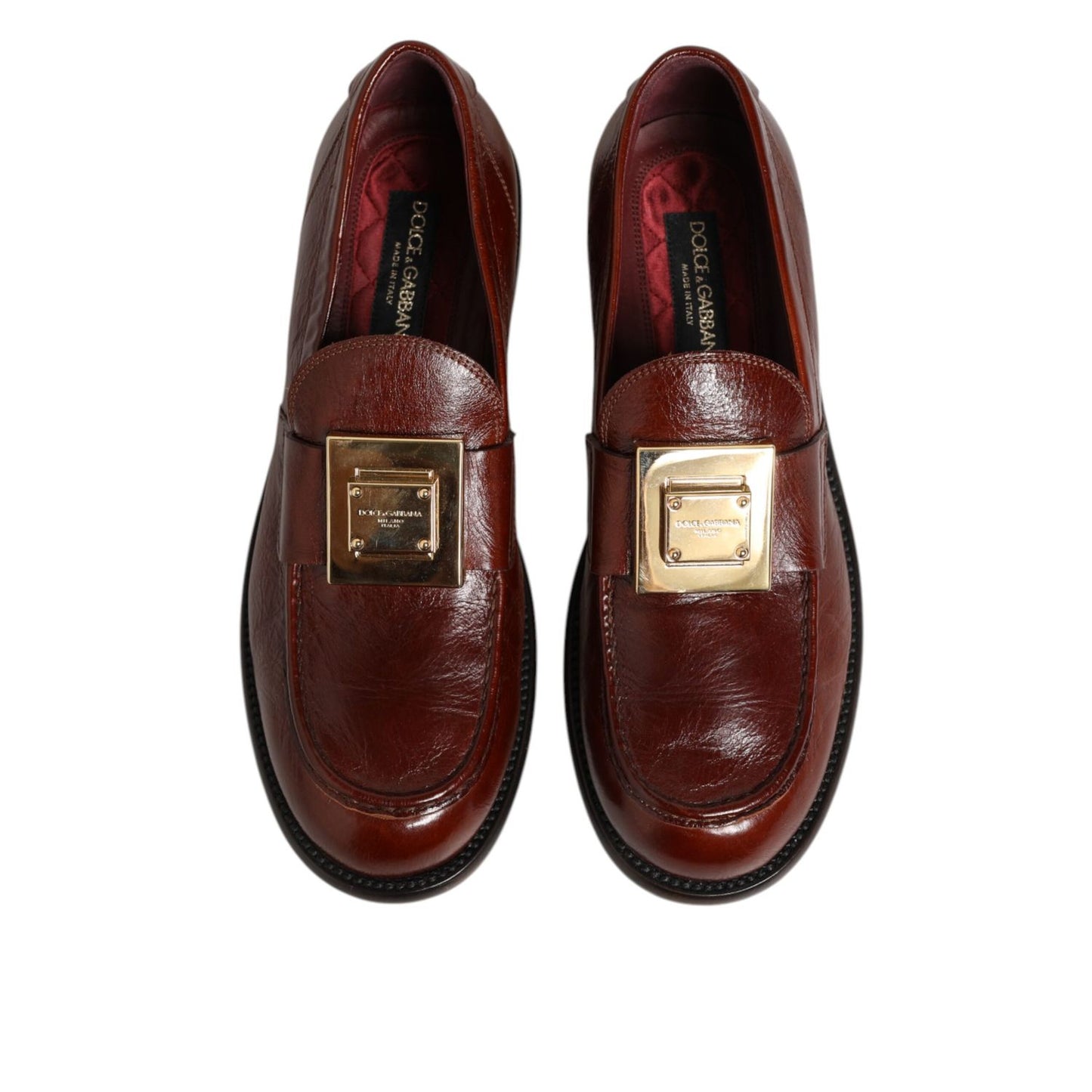 Dolce & Gabbana Brown Leather Logo Slip On Men Dress Shoes featuring gold buckle accents, perfect for formal or smart-casual outfits.