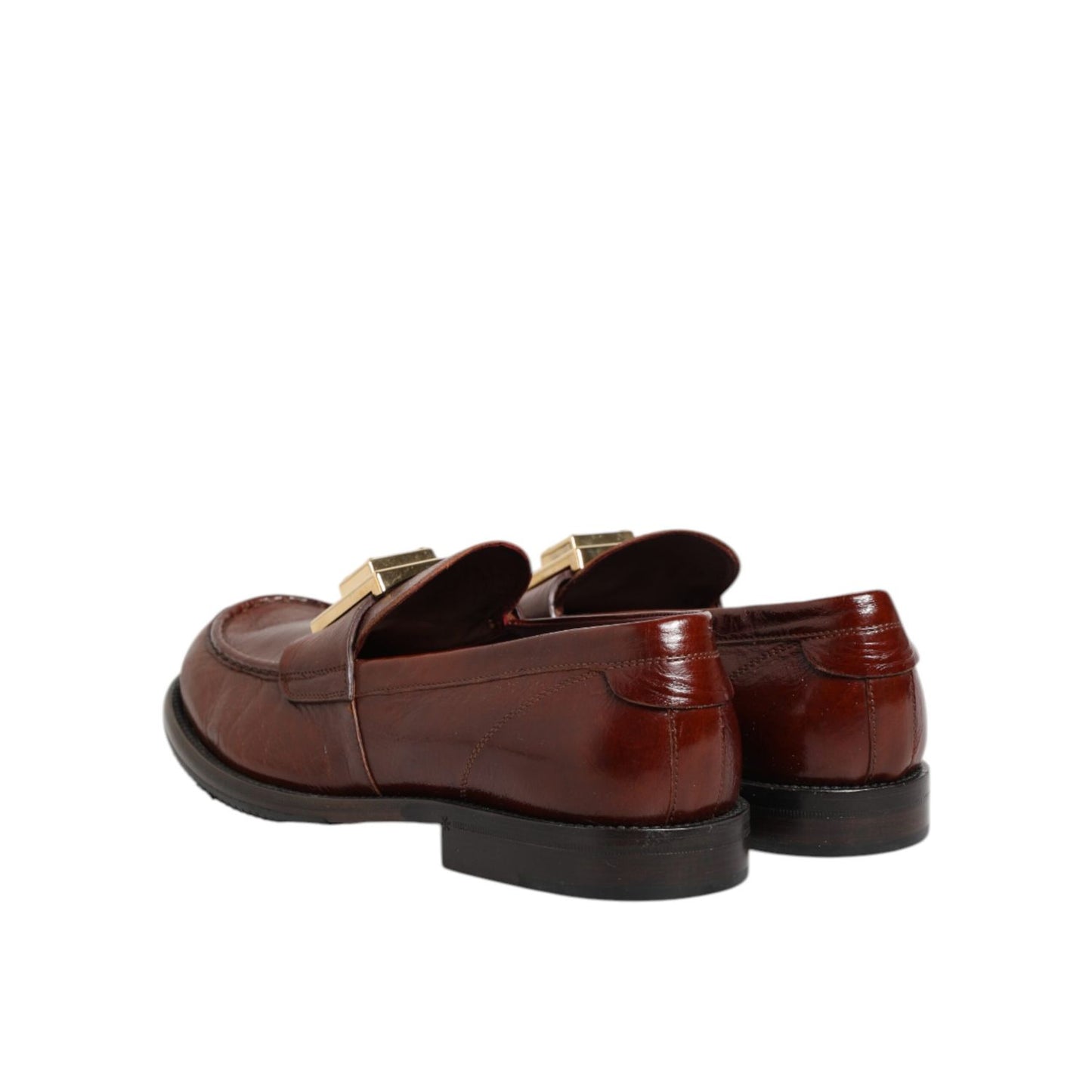 Dolce & Gabbana Brown Leather Logo Slip On Men Dress Shoes in smooth calf leather, elegant silhouette, rear view with logo detail.