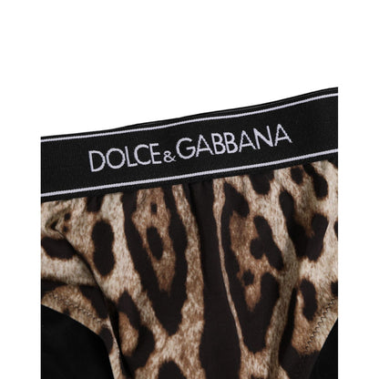 Dolce & Gabbana Brown Leopard Nylon High Waist Panty Underwear with signature print and logo waistband, made in Italy.