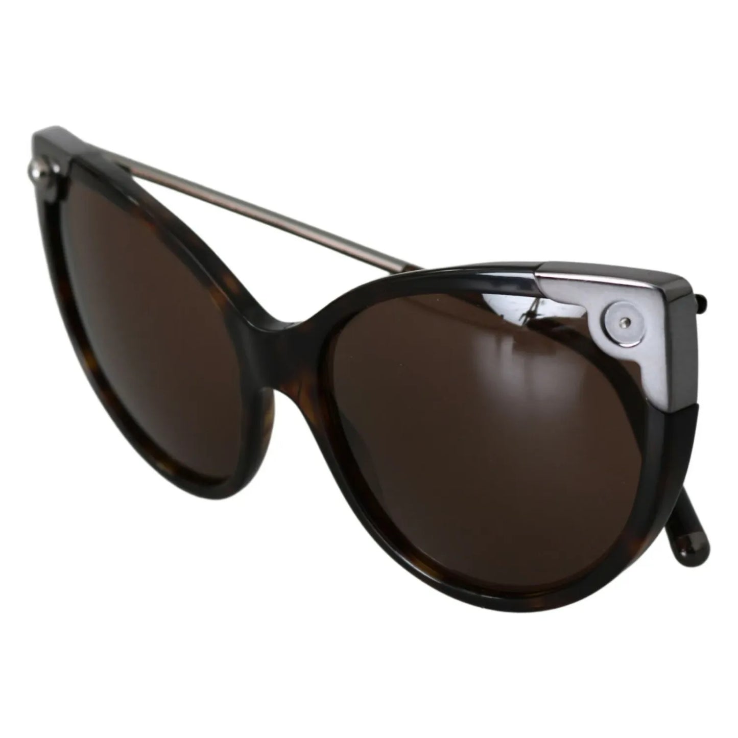 Dolce & Gabbana DG4337 Dark Havana Cat Eye Women Eyewear Sunglasses with brown lenses and acetate frame, missing metal stud on left side.