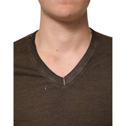 Dolce & Gabbana Dark Brown Cotton Tattered Logo Men T-shirt
