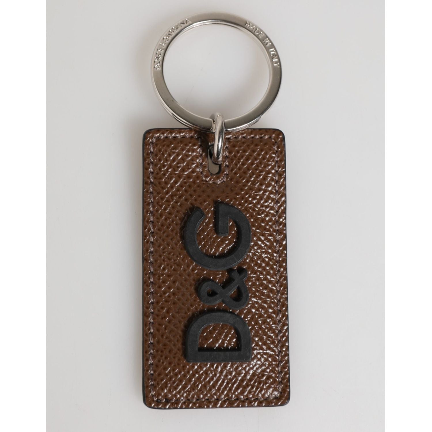 Dolce & Gabbana Dark Brown Leather Logo Metal Ring Keychain Holder Keyring