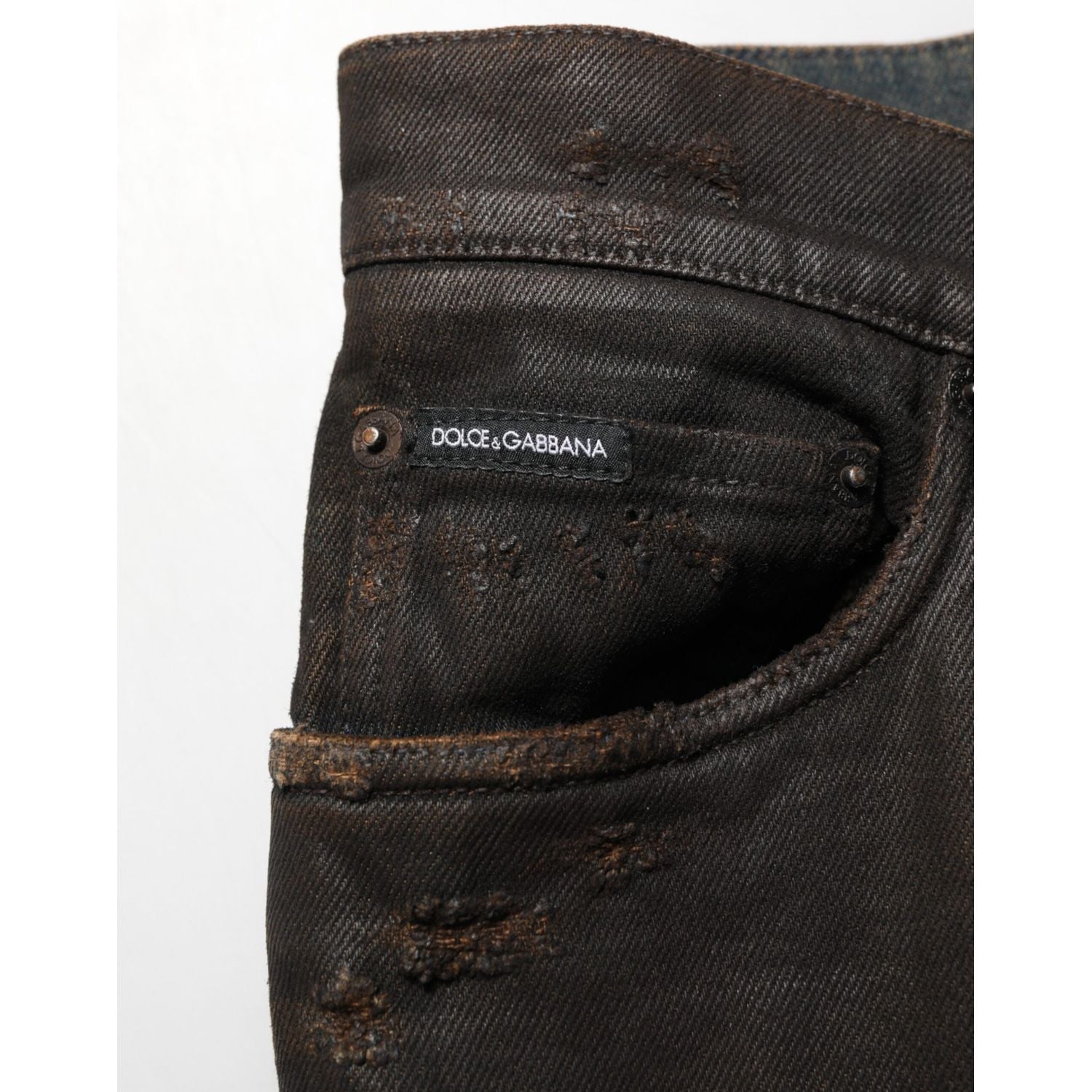 Dolce & Gabbana Dark Brown Tattered Cotton Skinny Denim Jeans