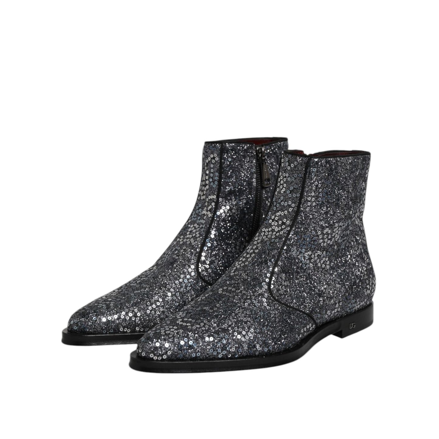 Dolce & Gabbana Dark Gray Cotton Sequined Chelsea Boots Shoes