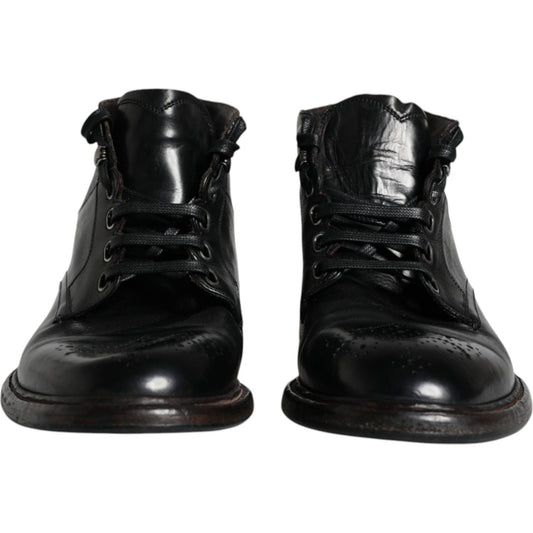 Dolce & Gabbana Black Leather Men Short Boots Lace Up Shoes MV6309-41.5