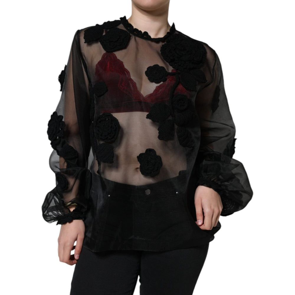 Dolce & Gabbana Black Nylon Mesh Transparent Floral Blouse TSH86550-46