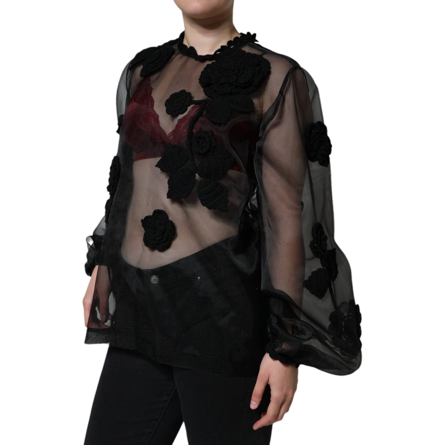 Dolce & Gabbana Black Nylon Mesh Transparent Floral Blouse TSH86550-46