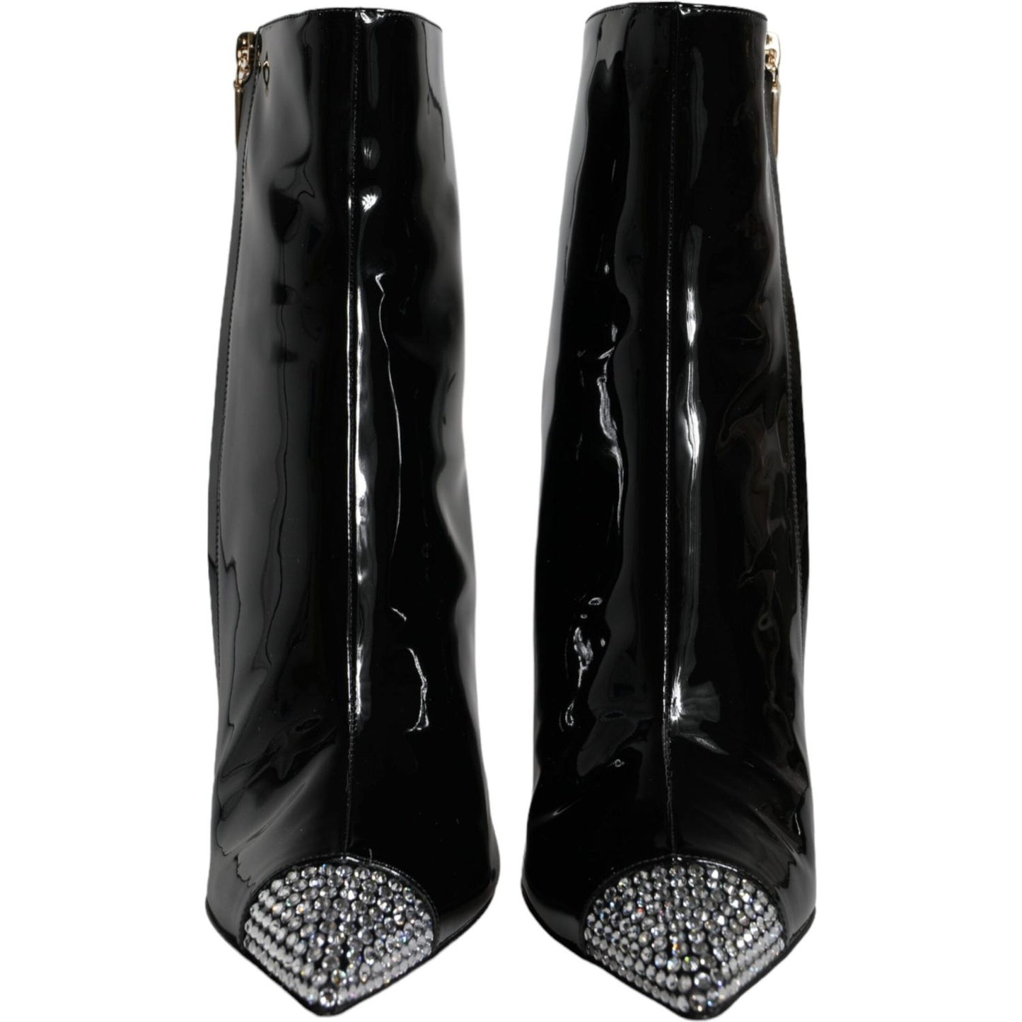 Dolce & Gabbana Black Patent Leather Crystal Heel Boots Shoes LA11273-39