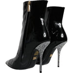Dolce & Gabbana Black Patent Leather Crystal Heel Boots Shoes LA11273-39