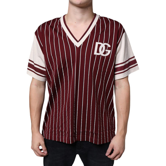 Dolce & Gabbana Maroon Stripes Cotton Logo V-neck T-shirt TSH86651-50
