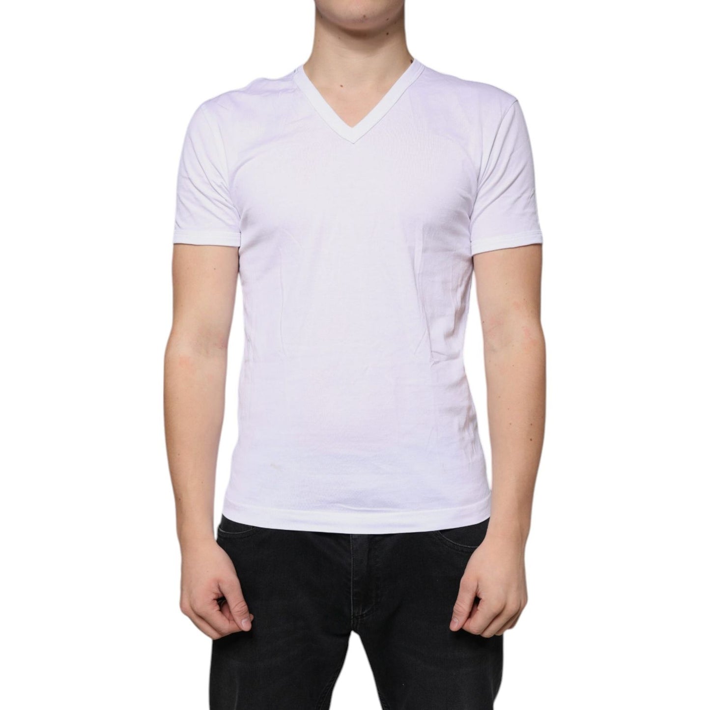 Dolce & Gabbana White Cotton V-neck Short Sleeves T-shirt TSH86872-44