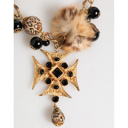 Dolce & Gabbana Gold Black Crystals Lapin Fur Filigree Choker Necklace