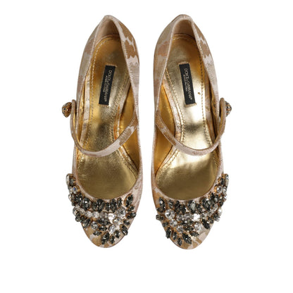 Dolce & Gabbana Gold Jacquard Crystal Mary Janes Pumps Shoes with sparkling crystal embellishments for opulent style.