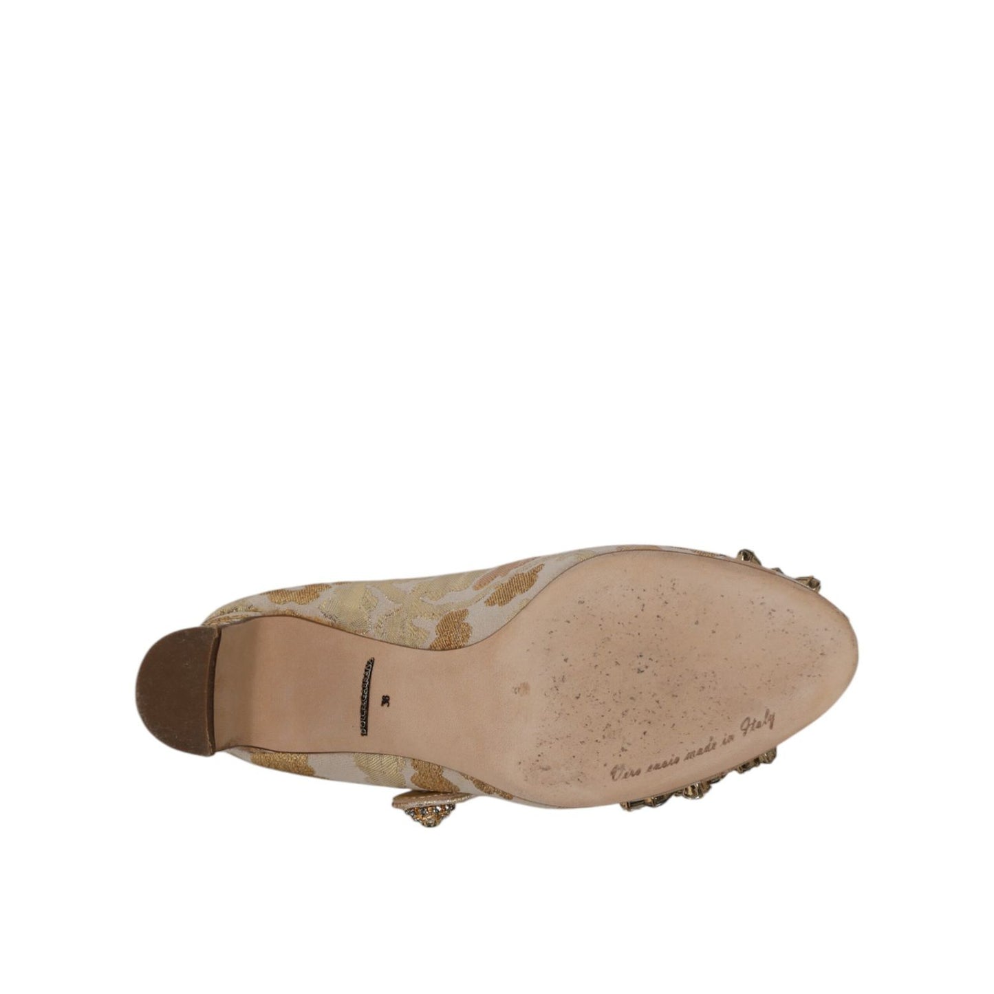 Sole view of Dolce & Gabbana Gold Jacquard Crystal Mary Janes Pumps Shoes with crystal embellishments