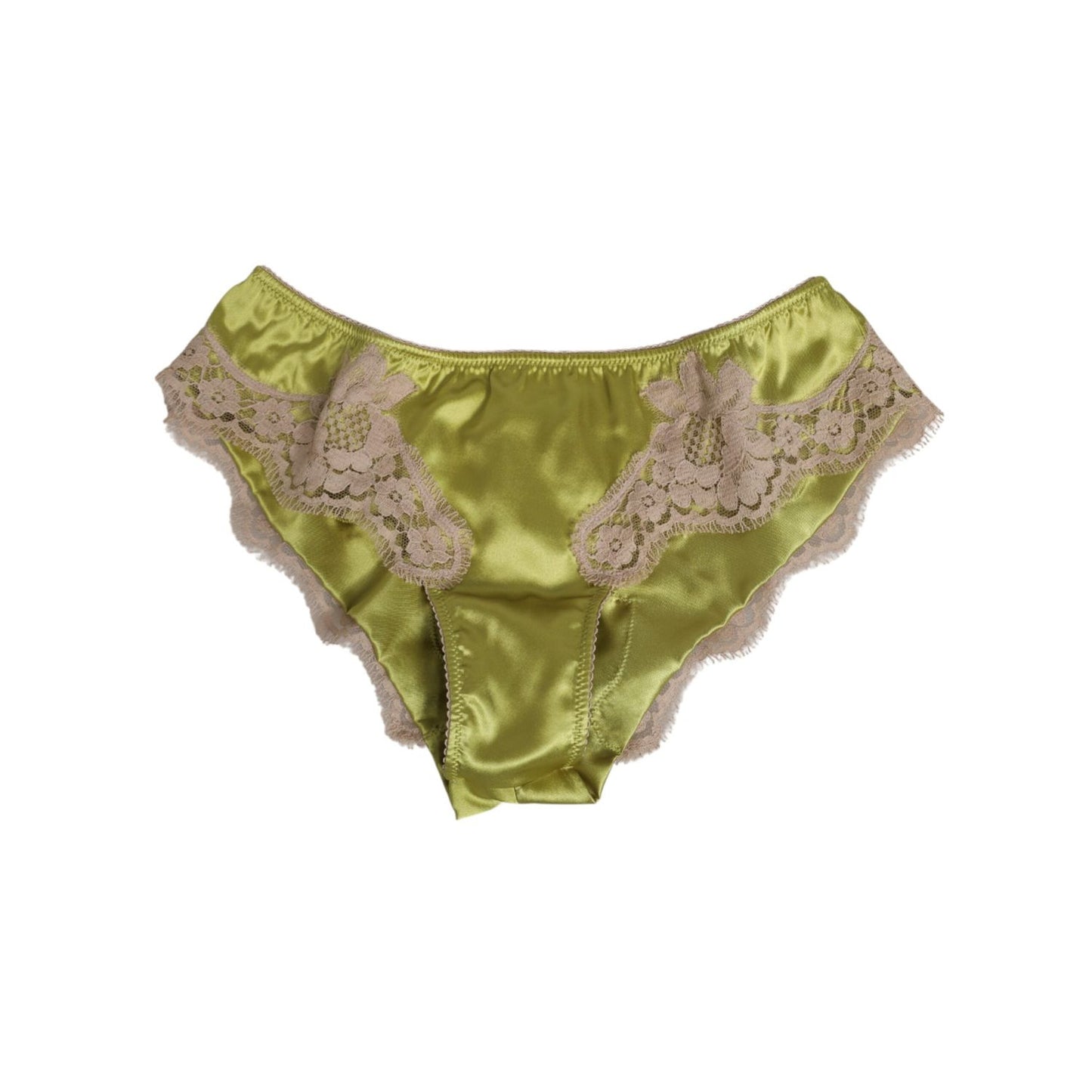 Dolce & Gabbana Green Silk Satin Floral Lace Trim Panty Underwear with elegant lace detailing, luxury Italian craftsmanship.