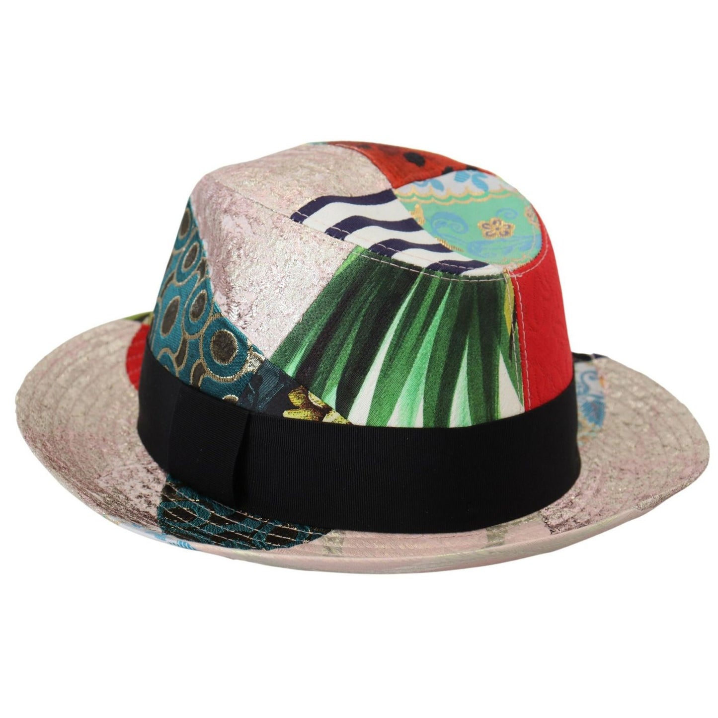 Dolce & Gabbana Multicolor Patchwork Women Fedora Wide Brim Hat with logo details and mixed materials, made in Italy.