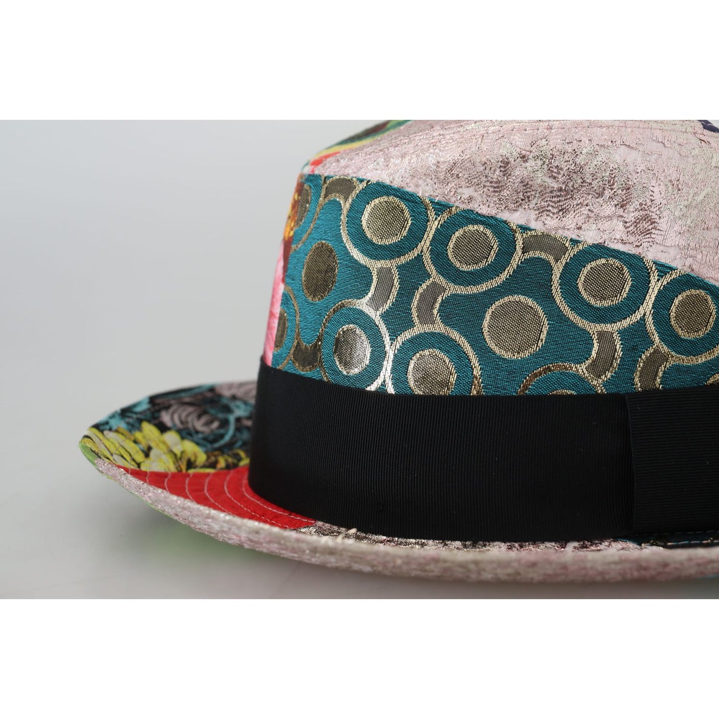 Dolce & Gabbana Multicolor Patchwork Women Fedora Wide Brim Hat with intricate design, featuring vibrant colors and elegant detailing.