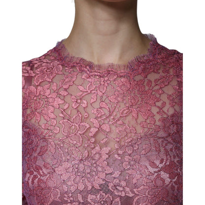 Dolce & Gabbana Pink Floral Lace Long Sleeve Midi Dress