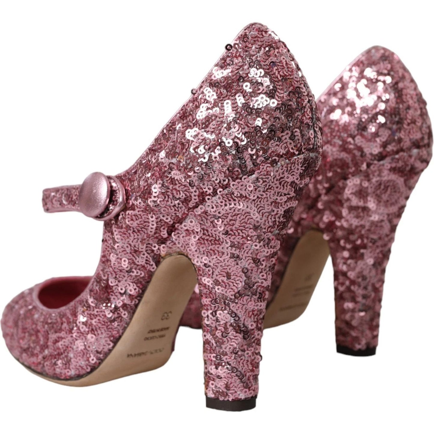 Dolce & Gabbana Pink Sequin Mary Jane Pumps High Heels Shoes with leather sole and logo details, made in Italy.