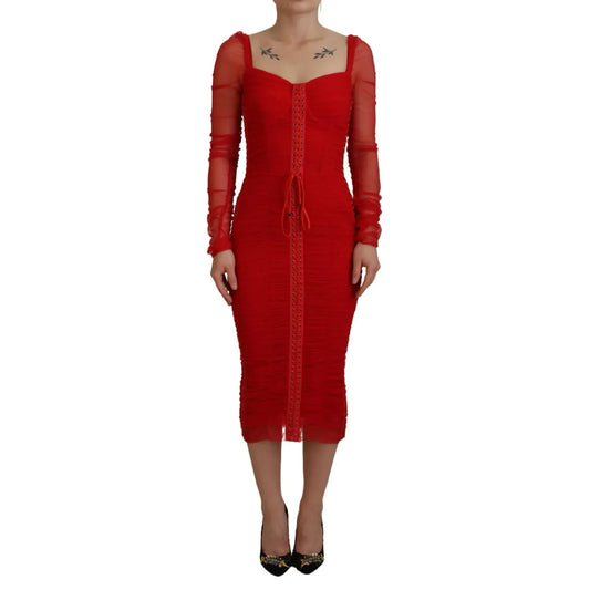 Dolce & Gabbana Red Mesh Trim Bodycon Sheath Midi Dress