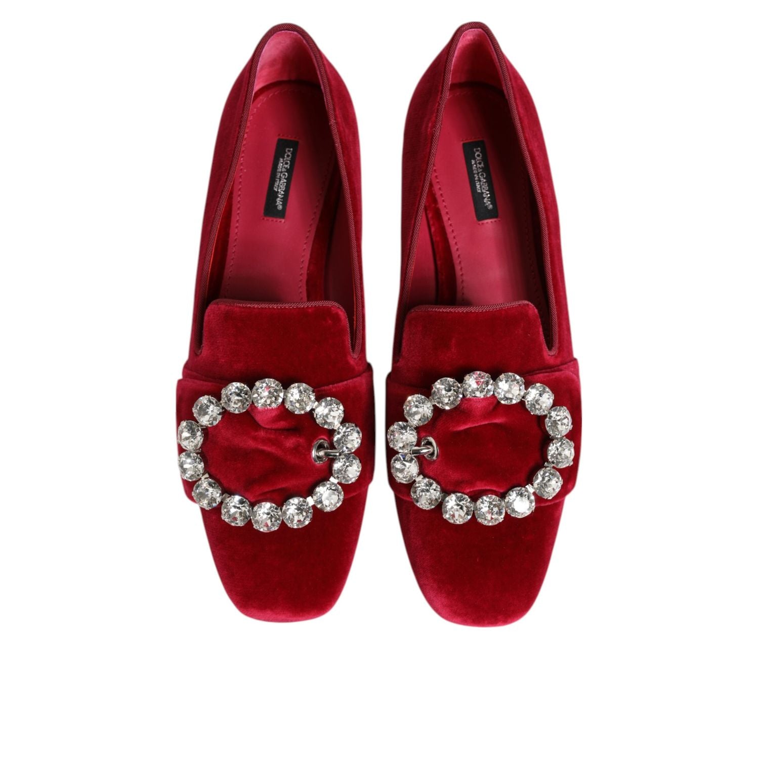 Dolce & Gabbana Red Velvet Crystal Buckle Loafers Flats Shoes