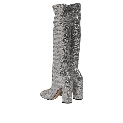 Dolce & Gabbana Silver Sequins Glitter High Heel Boot Shoes