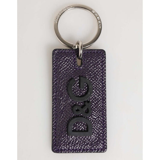Dolce & Gabbana Violet Leather Logo Metal Ring Men Keychain Keyring with D&G embossing, luxury Italian craftsmanship, elegant design.