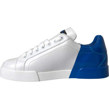 Dolce & Gabbana White Blue Logo Low Top Leather Sneakers Shoes with calfskin leather and rubber sole, side view.