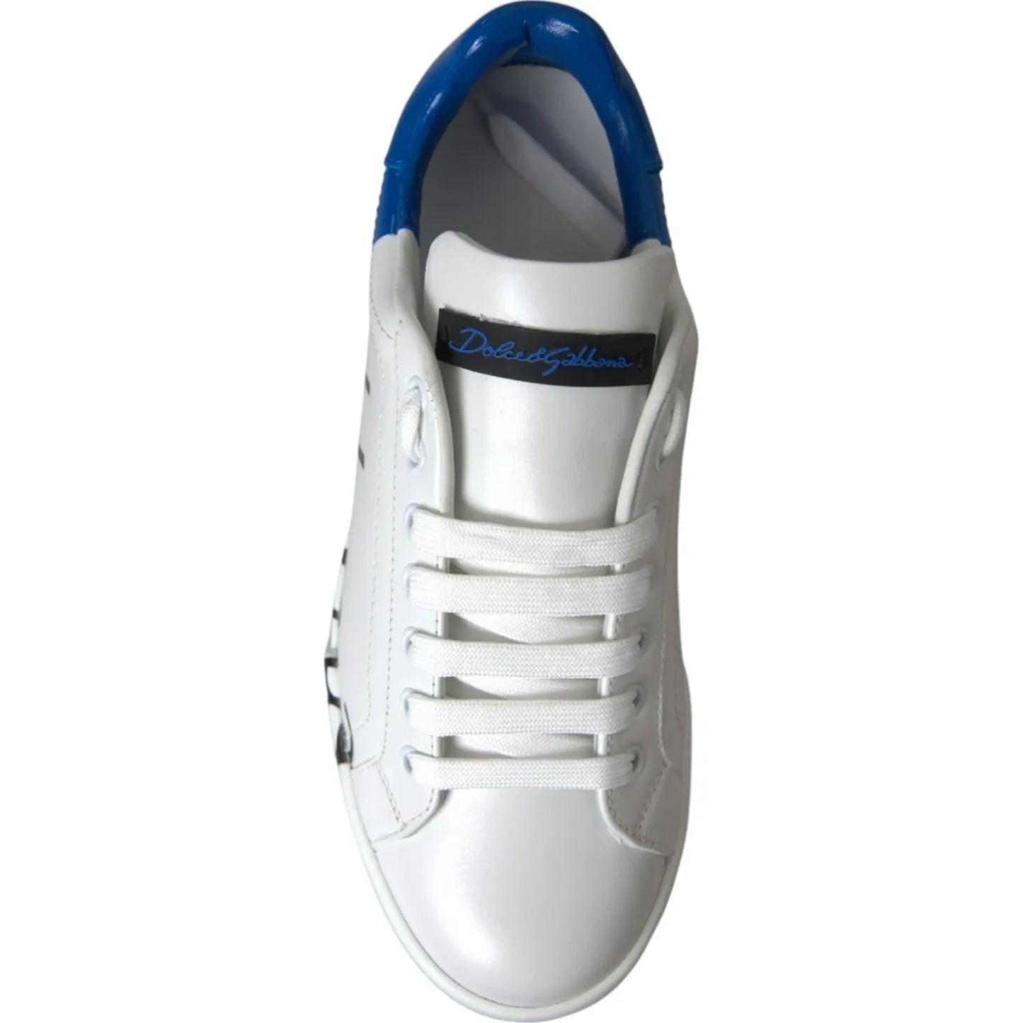 Top view of Dolce & Gabbana White Blue Logo Low Top Leather Sneakers Shoes, made of 100% calfskin leather with a rubber sole and lace-up closure.