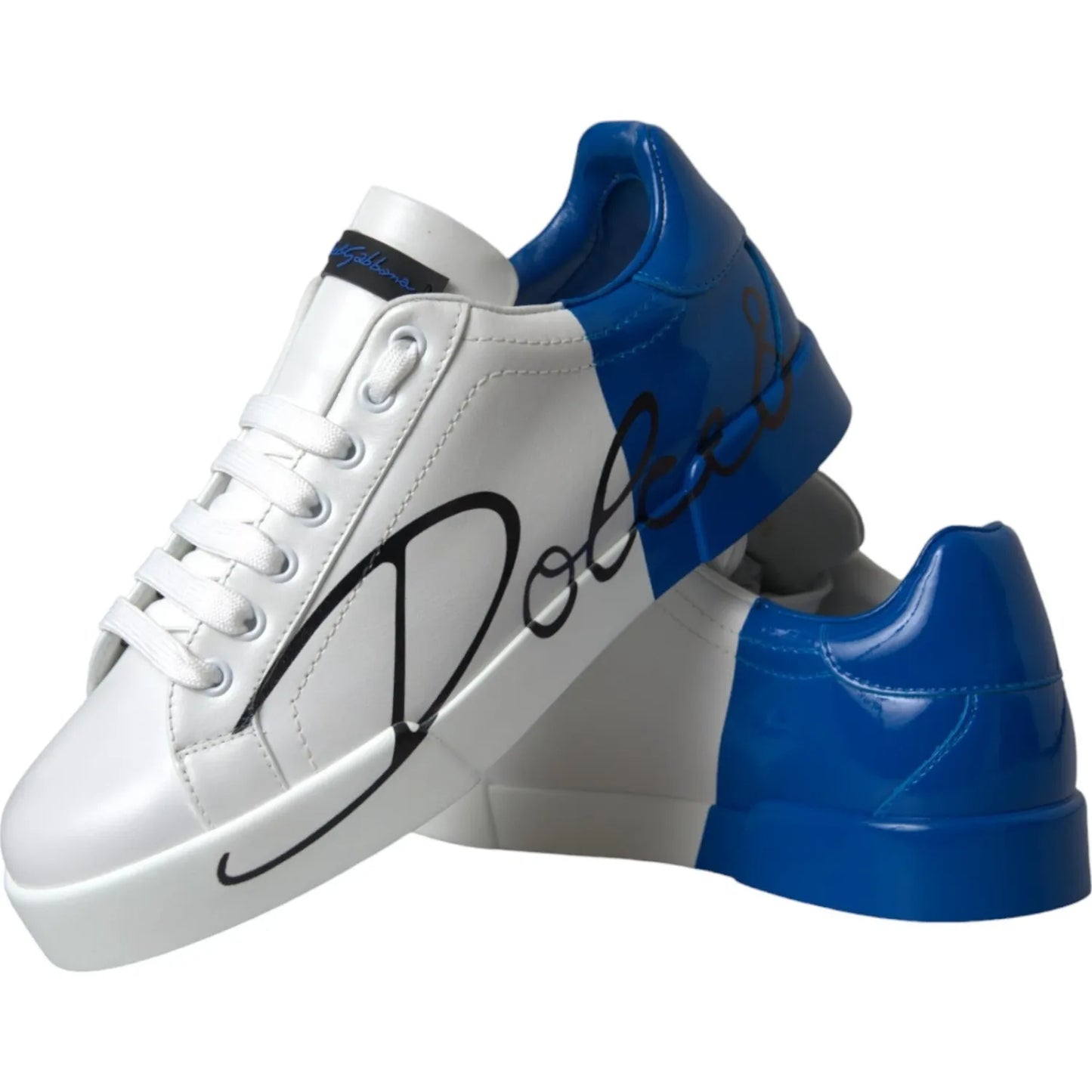 Dolce & Gabbana White Blue Logo Low Top Leather Sneakers Shoes with calfskin leather and rubber sole